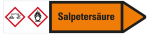 Rohrleitungsetikett: Salpetersäure, Fließrichtung rechts, orange/schwarz, für Rohre mit Ø ab 90 mm, Standardfolie, 440 x 100 mm, 2 St./Bogen