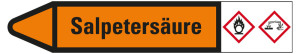 Rohrleitungsetikett: Salpetersäure, Fließrichtung links, orange/schwarz, für Rohre mit Ø 15 - 25 mm, Standardfolie, 96 x 17 mm, 8 St./Bogen