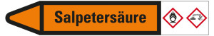 Rohrleitungsetikett: Salpetersäure, Fließrichtung links, orange/schwarz, für Rohre mit Ø 25 - 40 mm, Standardfolie, 154 x 26 mm, 5 St./Bogen