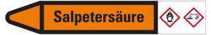 Rohrleitungsetikett: Salpetersäure, Fließrichtung links, orange/schwarz, für Rohre mit Ø 40 - 60 mm, Standardfolie, 218 x 37 mm, 5 St./Bogen
