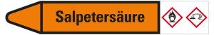 Rohrleitungsetikett: Salpetersäure, Fließrichtung links, orange/schwarz, für Rohre mit Ø 60 - 90 mm, Standardfolie, 310 x 52 mm, 3 St./Bogen
