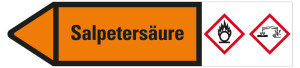 Rohrleitungsetikett: Salpetersäure, Fließrichtung links, orange/schwarz, für Rohre mit Ø ab 90 mm, Standardfolie, 440 x 100 mm, 2 St./Bogen