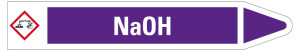 Rohrleitungsetikett: NaOH, Fließrichtung rechts, violett/weiß, für Rohre mit Ø 40 - 60 mm, Standardfolie, 218 x 37 mm, 5 St./Bogen