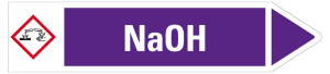 Rohrleitungsetikett: NaOH, Fließrichtung rechts, violett/weiß, für Rohre mit Ø ab 90 mm, Standardfolie, 440 x 100 mm, 2 St./Bogen