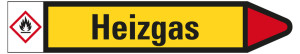 Rohrleitungsetikett: Heizgas, Fließrichtung rechts, gelb/schwarz/rot, für Rohre mit Ø 15 - 25 mm, Standardfolie, 96 x 17 mm, 8 St./Bogen