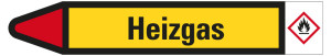 Rohrleitungsetikett: Heizgas, Fließrichtung links, gelb/schwarz/rot, für Rohre mit Ø 40 - 60 mm, Standardfolie, 218 x 37 mm, 5 St./Bogen