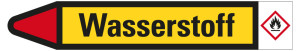 Rohrleitungsetikett: Wasserstoff, Fließrichtung links, gelb/schwarz/rot, für Rohre mit Ø 40 - 60 mm, Standardfolie, 218 x 37 mm, 5 St./Bogen
