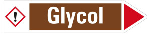 Rohrleitungsetikett: Glycol, Fließrichtung rechts, braun/weiß/rot, für Rohre mit Ø ab 90 mm, Standardfolie, 440 x 100 mm, 2 St./Bogen