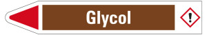 Rohrleitungsetikett: Glycol, Fließrichtung links, braun/weiß/rot, für Rohre mit Ø 25 - 40 mm, Standardfolie, 154 x 26 mm, 5 St./Bogen