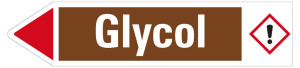 Rohrleitungsetikett: Glycol, Fließrichtung links, braun/weiß/rot, für Rohre mit Ø ab 90 mm, Standardfolie, 440 x 100 mm, 2 St./Bogen