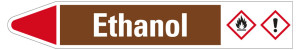 Rohrleitungsetikett: Ethanol, Fließrichtung links, braun/weiß/rot, für Rohre mit Ø 60 - 90 mm, Standardfolie, 310 x 52 mm, 3 St./Bogen