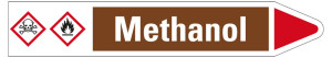 Rohrleitungsetikett: Methanol, Fließrichtung rechts, braun/weiß/rot, für Rohre mit Ø 15 - 25 mm, Standardfolie, 96 x 17 mm, 8 St./Bogen