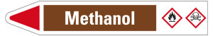 Rohrleitungsetikett: Methanol, Fließrichtung links, braun/weiß/rot, für Rohre mit Ø 25 - 40 mm, Standardfolie, 154 x 26 mm, 5 St./Bogen