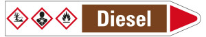 Rohrleitungsetikett: Diesel, Fließrichtung rechts, braun/weiß/rot, für Rohre mit Ø 15 - 25 mm, Standardfolie, 96 x 17 mm, 8 St./Bogen