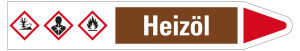 Rohrleitungsetikett: Heizöl, Fließrichtung rechts, braun/weiß/rot, für Rohre mit Ø 40 - 60 mm, Standardfolie, 218 x 37 mm, 5 St./Bogen