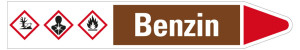Rohrleitungsetikett: Benzin, Fließrichtung rechts, braun/weiß/rot, für Rohre mit Ø 60 - 90 mm, Standardfolie, 310 x 52 mm, 3 St./Bogen