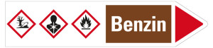 Rohrleitungsetikett: Benzin, Fließrichtung rechts, braun/weiß/rot, für Rohre mit Ø ab 90 mm, Standardfolie, 440 x 100 mm, 2 St./Bogen