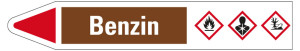 Rohrleitungsetikett: Benzin, Fließrichtung links, braun/weiß/rot, für Rohre mit Ø 25 - 40 mm, Standardfolie, 154 x 26 mm, 5 St./Bogen