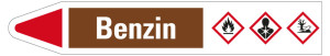 Rohrleitungsetikett: Benzin, Fließrichtung links, braun/weiß/rot, für Rohre mit Ø 40 - 60 mm, Standardfolie, 218 x 37 mm, 5 St./Bogen