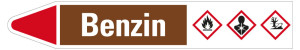 Rohrleitungsetikett: Benzin, Fließrichtung links, braun/weiß/rot, für Rohre mit Ø 60 - 90 mm, Standardfolie, 310 x 52 mm, 3 St./Bogen