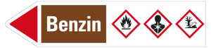 Rohrleitungsetikett: Benzin, Fließrichtung links, braun/weiß/rot, für Rohre mit Ø ab 90 mm, Standardfolie, 440 x 100 mm, 2 St./Bogen