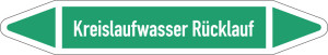 Rohrleitungsetikett: Kreislaufwasser Rücklauf, gemäß DIN 2403, grün-weiß, für Rohre mit Ø 25 - 40 mm, Standardfolie, 154 x 26 mm, 5 St./Bogen