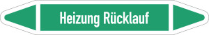 Rohrleitungsetikett: Heizung Rücklauf, gemäß DIN 2403, grün-weiß, für Rohre mit Ø 40 - 60 mm, Standardfolie, 218 x 37 mm, 5 St./Bogen