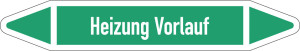 Rohrleitungsetikett: Heizung Vorlauf, gemäß DIN 2403, grün-weiß, für Rohre mit Ø 25 - 40 mm, Standardfolie, 154 x 26 mm, 5 St./Bogen