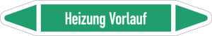Rohrleitungsetikett: Heizung Vorlauf, gemäß DIN 2403, grün-weiß, für Rohre mit Ø 40 - 60 mm, Standardfolie, 218 x 37 mm, 5 St./Bogen