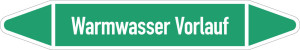 Rohrleitungsetikett: Warmwasser Vorlauf, gemäß DIN 2403, grün-weiß, für Rohre mit Ø 60 - 90 mm, Standardfolie, 310 x 52 mm, 3 St./Bogen