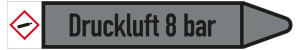 Rohrleitungsetikett: Druckluft 8 bar, Fließrichtung rechts, DIN 2403, grau/schwarz, für Rohre mit Ø 60 - 90 mm, Standardfolie, 310 x 52 mm, 3