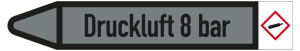 Rohrleitungsetikett: Druckluft 8 bar, Fließrichtung links, DIN 2403, grau/schwarz, für Rohre mit Ø 40 - 60 mm, Standardfolie, 218 x 37 mm, 5 St./Bogen