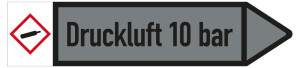 Rohrleitungsetikett: Druckluft 10 bar, Fließrichtung rechts, DIN 2403, grau/schwarz, für Rohre mit Ø 90 mm, Standardfolie, 440 x 100 mm, 2 St./Bogen