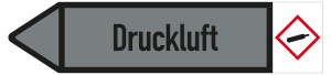 Rohrleitungsetikett: Druckluft, Fließrichtung links, DIN 2403, grau/schwarz, für Rohre mit Ø ab 90 mm, Standardfolie, 440 x 100 mm, 2 St./Bogen