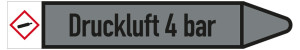 Rohrleitungsetikett: Druckluft 4 bar, Fließrichtung rechts, DIN 2403, grau/schwarz, für Rohre mit Ø 60 - 90 mm, Standardfolie, 310 x 52 mm, 3