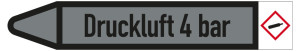 Rohrleitungsetikett: Druckluft 4 bar, Fließrichtung links, DIN 2403, grau/schwarz, für Rohre mit Ø 40 - 60 mm, Standardfolie, 218 x 37 mm, 5 St./Bogen
