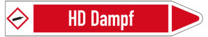 Rohrleitungsetikett: HD Dampf, Fließrichtung rechts, DIN 2403, rot/weiß, für Rohre mit Ø 15 - 25 mm, Standardfolie, 96 x 17 mm, 8 St./Bogen