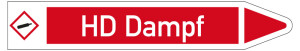 Rohrleitungsetikett: HD Dampf, Fließrichtung rechts, DIN 2403, rot/weiß, für Rohre mit Ø 25 - 40 mm, Standardfolie, 154 x 26 mm, 5 St./Bogen