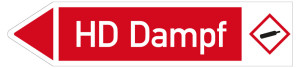 Rohrleitungsetikett: HD Dampf, Fließrichtung links, DIN 2403, rot/weiß, für Rohre mit Ø ab 90 mm, Standardfolie, 440 x 100 mm, 2 St./Bogen