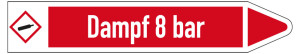 Rohrleitungsetikett: Dampf 8 bar, Fließrichtung rechts, DIN 2403, rot/weiß, für Rohre mit Ø 15 - 25 mm, Standardfolie, 96 x 17 mm, 8 St./Bogen