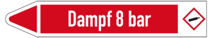 Rohrleitungsetikett: Dampf 8 bar, Fließrichtung links, DIN 2403, rot/weiß, für Rohre mit Ø 15 - 25 mm, Standardfolie, 96 x 17 mm, 8 St./Bogen