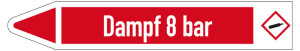 Rohrleitungsetikett: Dampf 8 bar, Fließrichtung links, DIN 2403, rot/weiß, für Rohre mit Ø 25 - 40 mm, Standardfolie, 154 x 26 mm, 5 St./Bogen