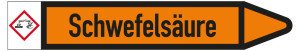 Rohrleitungsetikett: Schwefelsäure, Fließrichtung rechts, DIN 2403, orange/schwarz, für Rohre mit Ø 25 - 40 mm, Standardfolie, 154 x 26 mm, 5