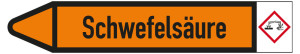 Rohrleitungsetikett: Schwefelsäure, Fließrichtung links, DIN 2403, orange/schwarz, für Rohre mit Ø 15 - 25 mm, Standardfolie, 96 x 17 mm, 8 St./Bogen