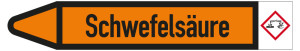 Rohrleitungsetikett: Schwefelsäure, Fließrichtung links, DIN 2403, orange/schwarz, für Rohre mit Ø 40 - 60 mm, Standardfolie, 218 x 37 mm, 5 St./Bogen