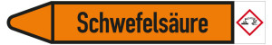 Rohrleitungsetikett: Schwefelsäure, Fließrichtung links, DIN 2403, orange/schwarz, für Rohre mit Ø 60 - 90 mm, Standardfolie, 310 x 52 mm, 3 St./Bogen