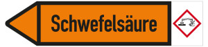 Rohrleitungsetikett: Schwefelsäure, Fließrichtung links, DIN 2403, orange/schwarz, für Rohre mit Ø ab 90 mm, Standardfolie, 440 x 100 mm, 2 St./Bogen