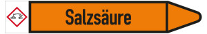 Rohrleitungsetikett: Salzsäure, Fließrichtung rechts, DIN 2403, orange/schwarz, für Rohre mit Ø 60 - 90 mm, Standardfolie, 310 x 52 mm, 3 St./Bogen