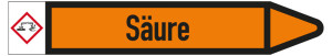 Rohrleitungsetikett: Säure, Fließrichtung rechts, DIN 2403, orange/schwarz, für Rohre mit Ø 25 - 40 mm, Standardfolie, 154 x 26 mm, 5 St./Bogen