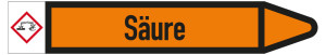 Rohrleitungsetikett: Säure, Fließrichtung rechts, DIN 2403, orange/schwarz, für Rohre mit Ø 40 - 60 mm, Standardfolie, 218 x 37 mm, 5 St./Bogen
